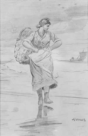 Winslow Homer - A Fisher Girl on Beach (Sketch for illustration of "The Incoming Tide")