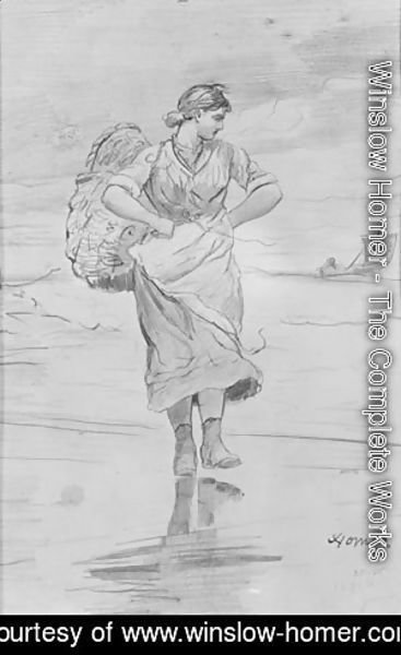 Winslow Homer - A Fisher Girl on Beach (Sketch for illustration of "The Incoming Tide")