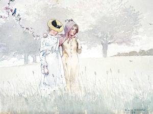 Girls Strolling in an Orchard